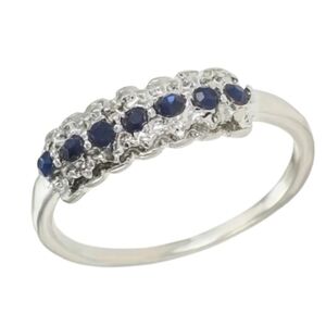 Blue Gemstone & CZ Silvertone Ring
